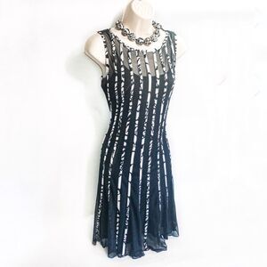 Sandra Darren Black & White Striped Mesh Overlay A-Line Dress Sz 4P